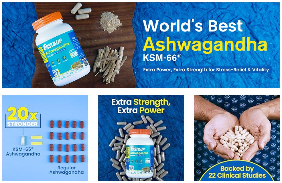 Fast&Up 600mg KSM-66 Ashwagandha-World's Best Ashwagandha-60 Capsules for Extra Strength and Power-Stress Relief-Natural Vitality Booster-Pure & Potent-Stumbit Health